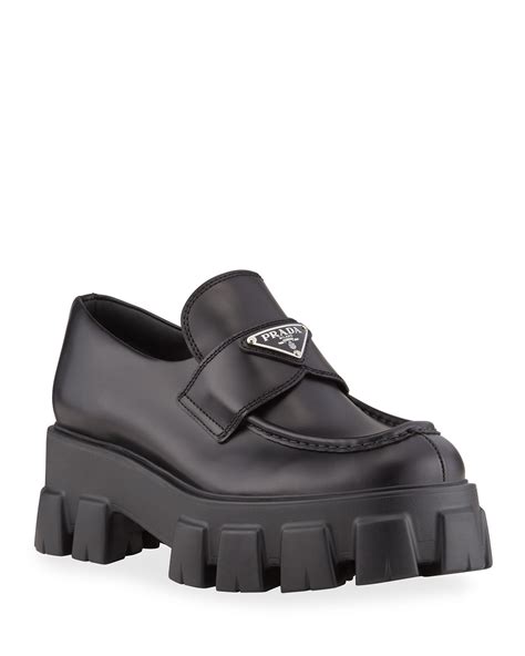 prada monolith leather logo platform loafers